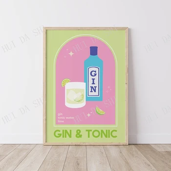 Gin-Tonikot Digital Art | Aranyos Zöld Rózsaszín Koktél Bár Nyomtatható Művészet